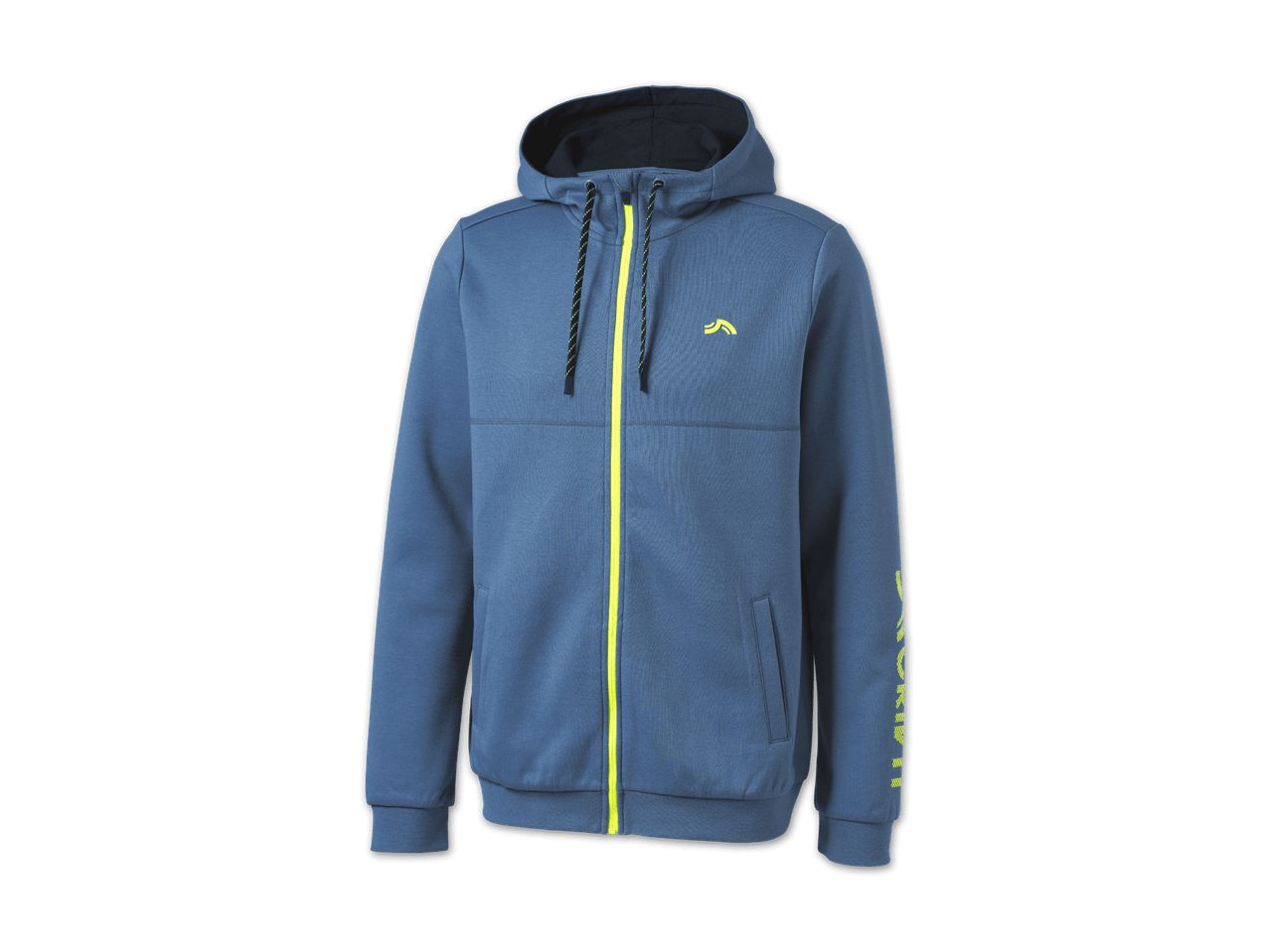 Blauer Kapuzenpullover mit gelbem Reißverschluss und Kordelzug