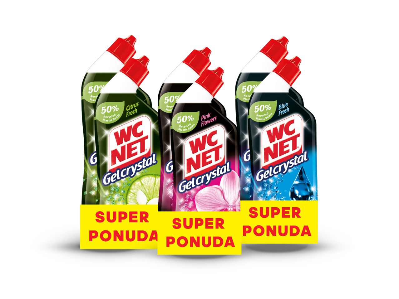 WC Net Gelcrystal čistači za zahode u tri varijante: citrus, ružičasti cvijet i plava svježina.