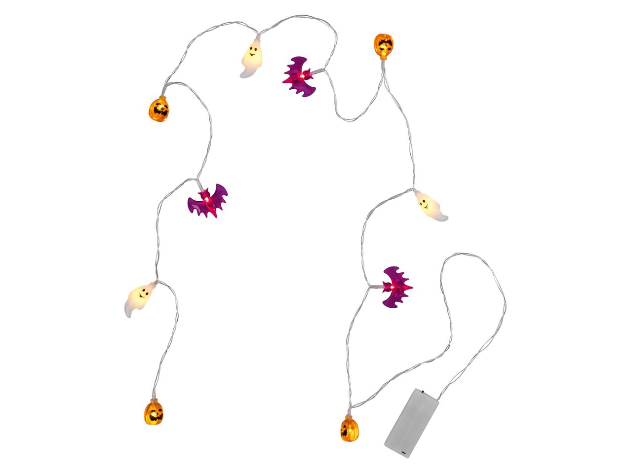 Halloween string lights with pumpkins, ghosts, and bats