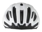 Rear view of a white bicycle helmet with black vents and reflective strips.