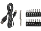 A USB rechargeable electric screwdriver with various interchangeable bits.
