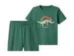Grünes Pyjama-Set mit Stegosaurus-Aufdruck auf dem T-Shirt und passenden Shorts.