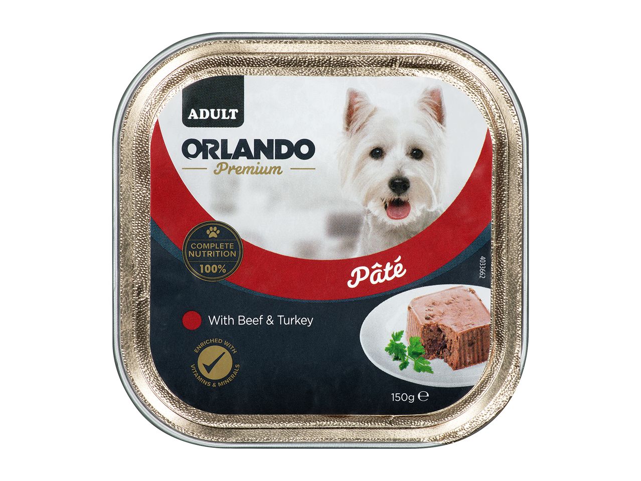Orlando Premium: Adult dog pâté with beef and turkey.