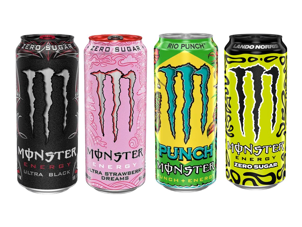Keturios „Monster Energy“ skardinės: „Ultra Black“, „Ultra Strawberry Dreams“, „Rio Punch“ ir „Lando Norris Zero Sugar“.