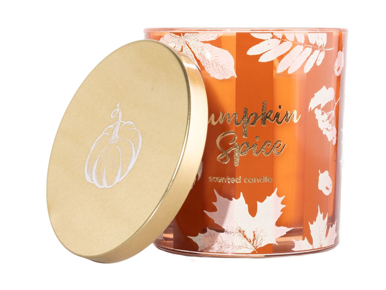 Pumpkin Spice scented candle in an orange jar with a gold lid