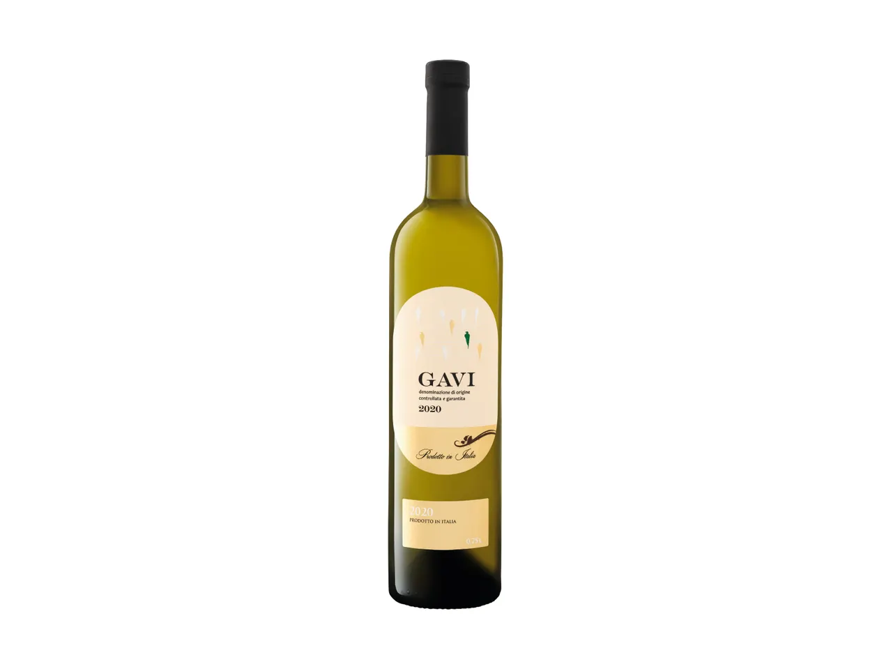 A bottle of Gavi white wine from 2020, produced in Italy, with a black cap.