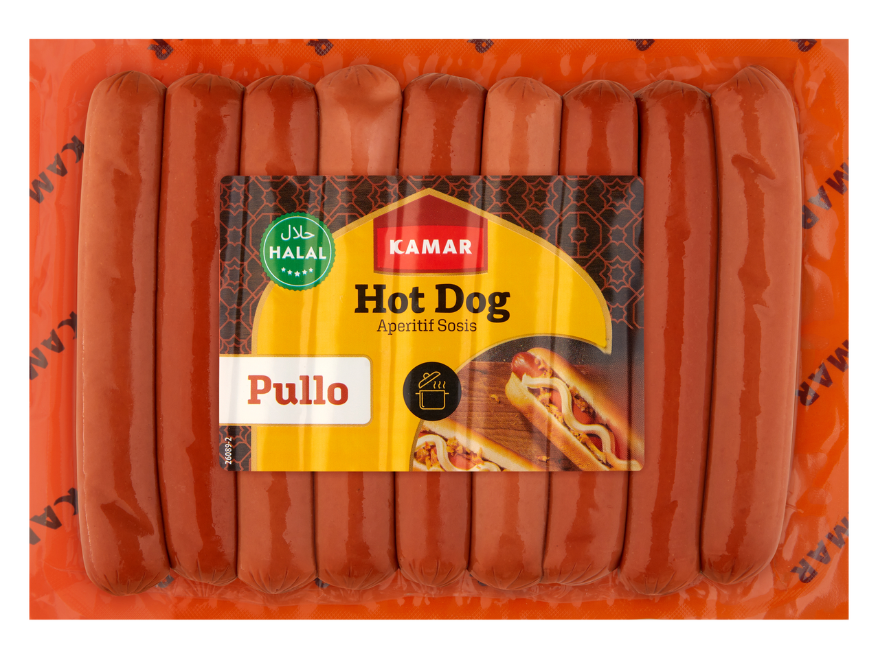 Kamar Halal hotdogs met kipsmaak, met de tekst 'Aperitif Sosis'.