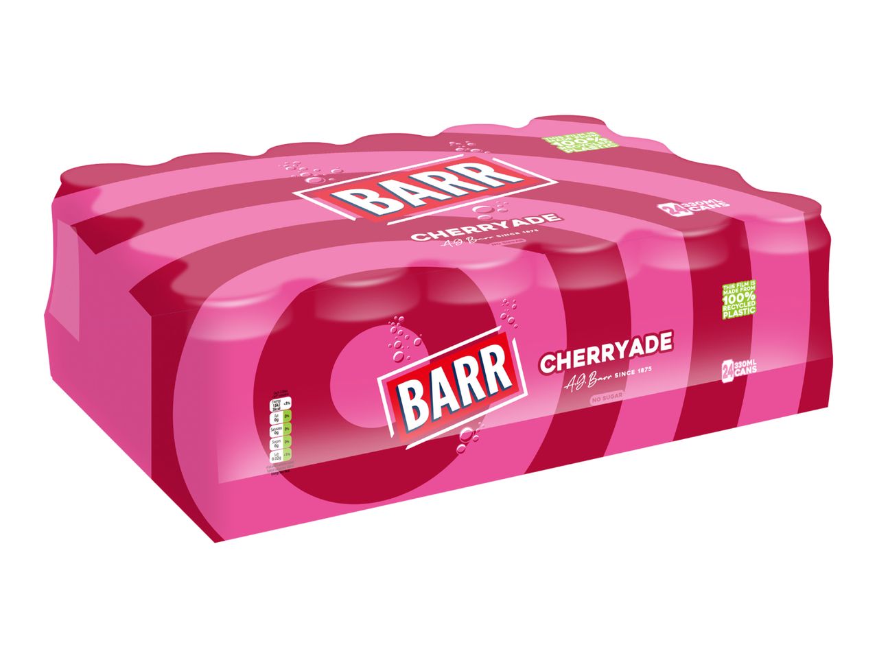 A 24-pack of cherryade cans, with a pink and red striped design, labeled as 'no sugar' and made from 100% recycled plastic.