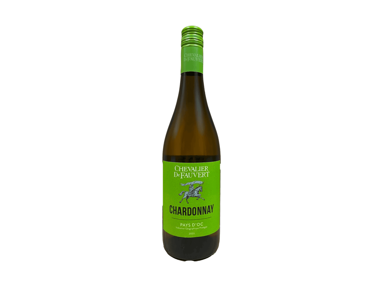 Une bouteille de vin blanc Chardonnay avec une étiquette verte et un chevalier à cheval.