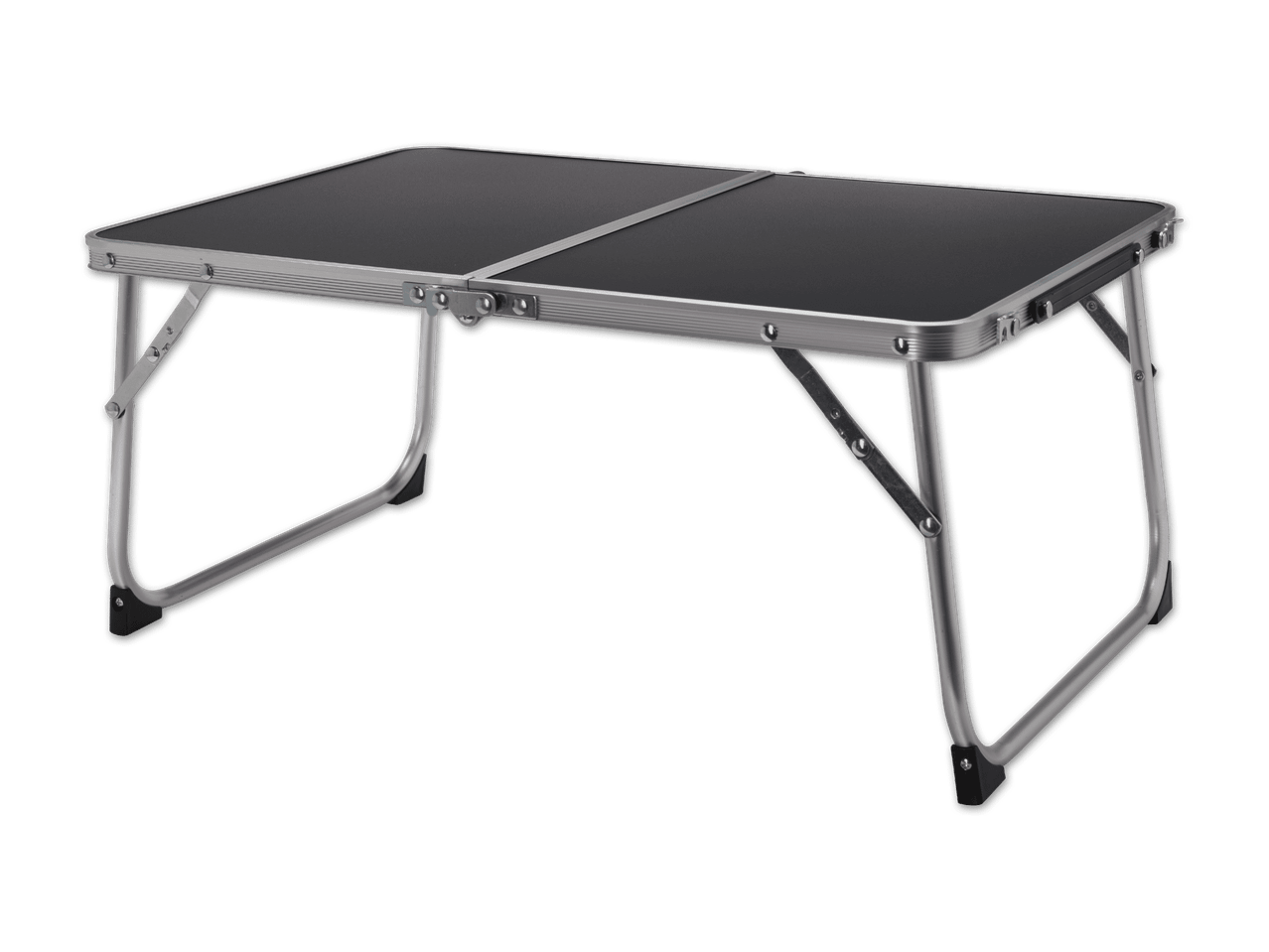 Klappbarer Campingtisch mit schwarzer Oberfläche und silbernem Aluminiumrahmen