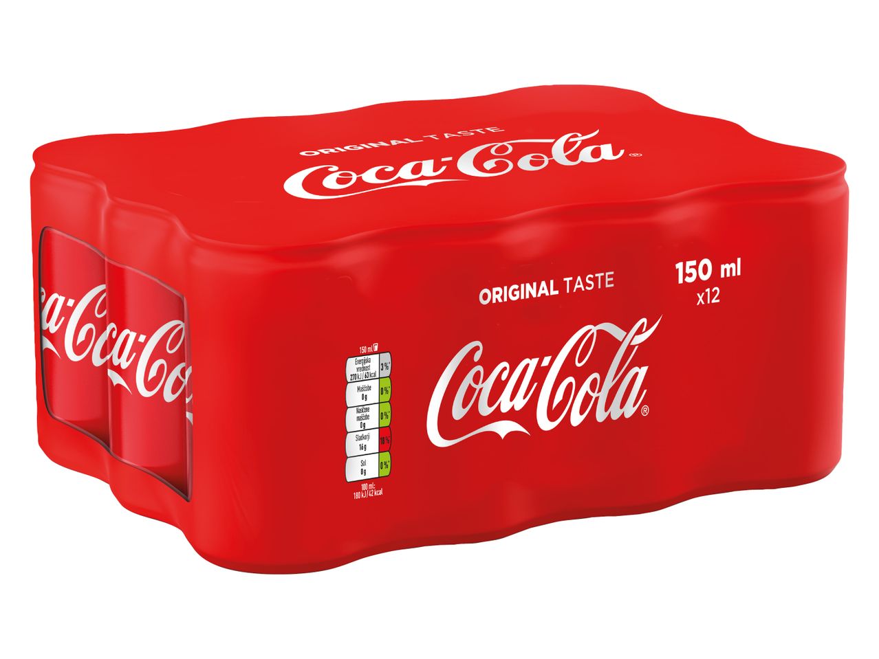 Paket dvanajstih pločevink Coca-Cole z napisom »Original Taste« in podatki o hranilni vrednosti.