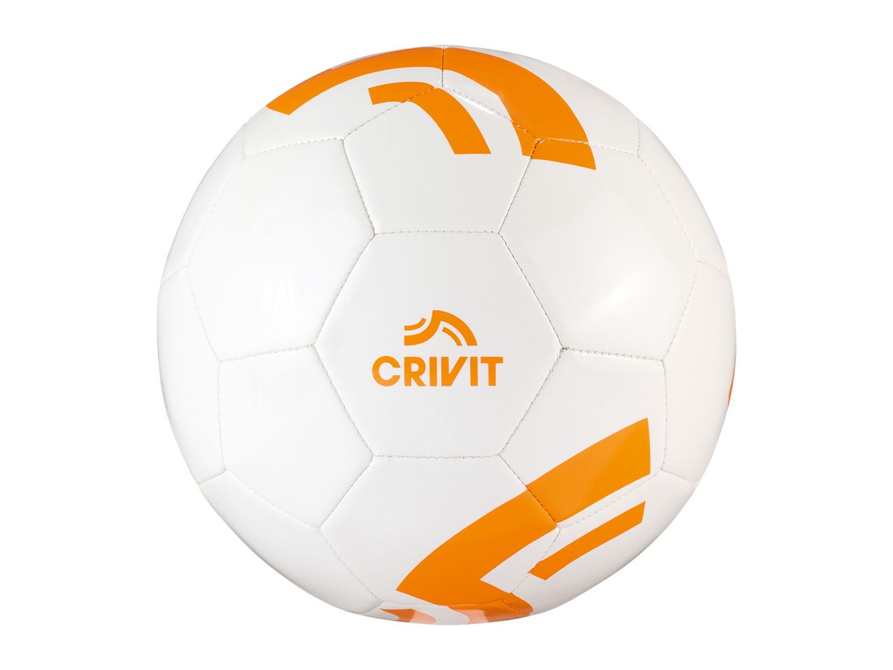 White and orange soccer ball with a logo in the center.