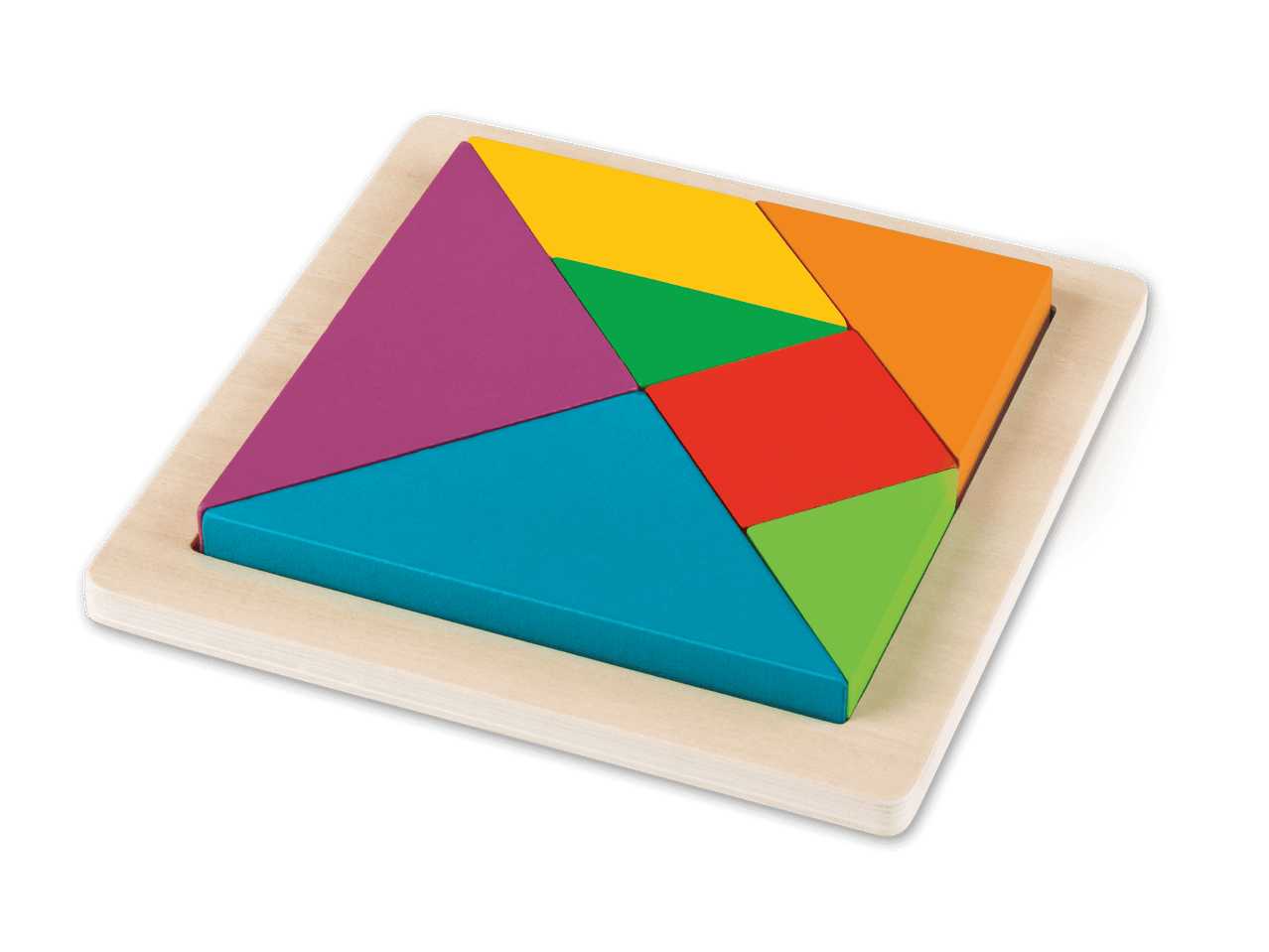 Buntes Tangram-Puzzle aus Holz mit sieben geometrischen Formen auf einer Holzplatte.