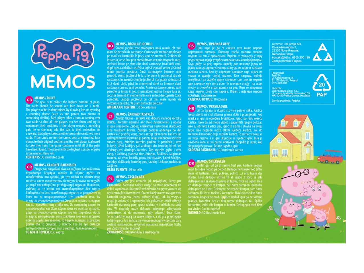 Peppa Pig memory game with rules in multiple languages and illustrations of the characters.