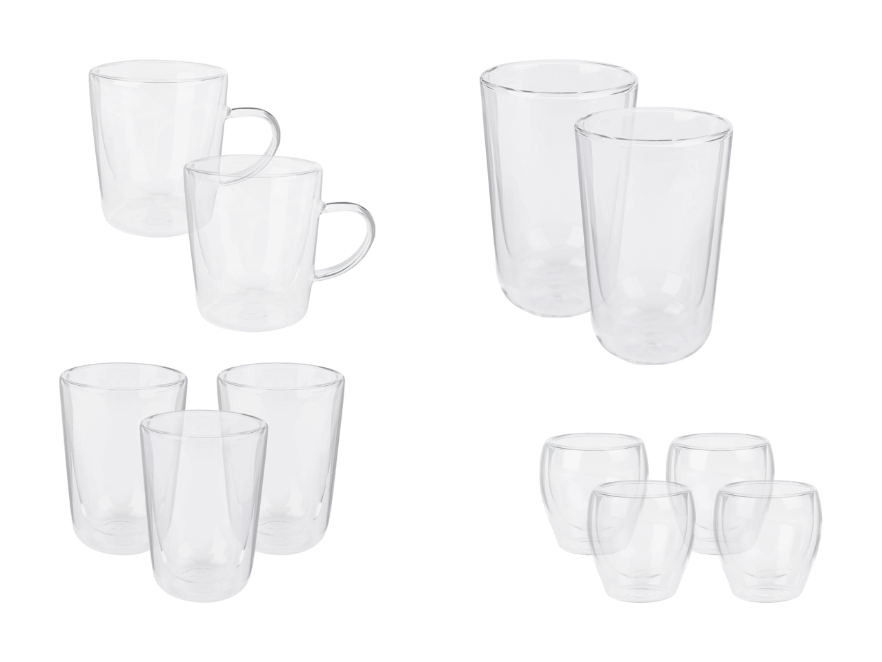 Set aus doppelwandigen Gläsern und Tassen in verschiedenen Formen und Größen.