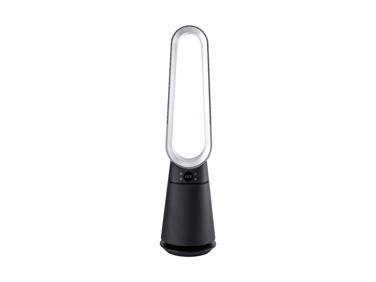 Sort og sølvfarvet bladløs ventilator med digitalt display og knapper