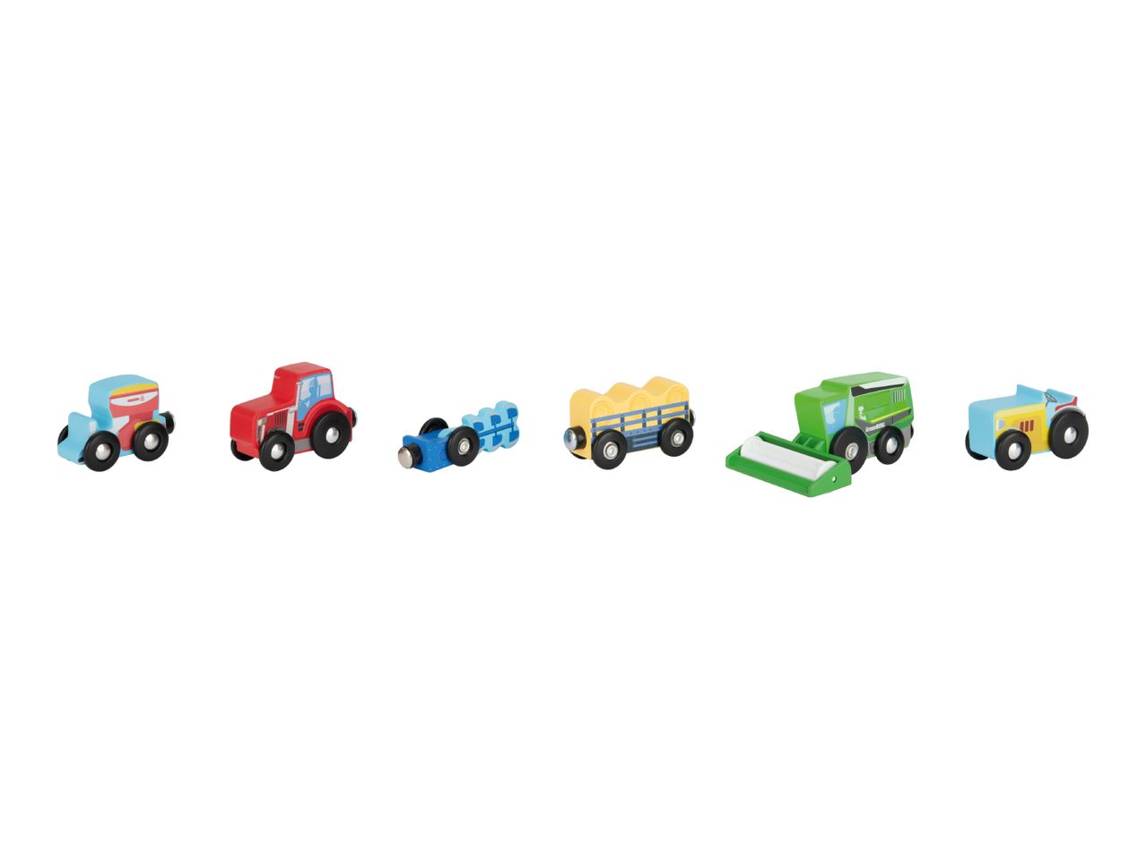 A set of wooden farm vehicles including tractors, a baler, a hay wagon, and a combine harvester.