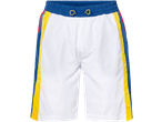 White swim shorts with blue elastic waistband and yellow and blue side stripes.