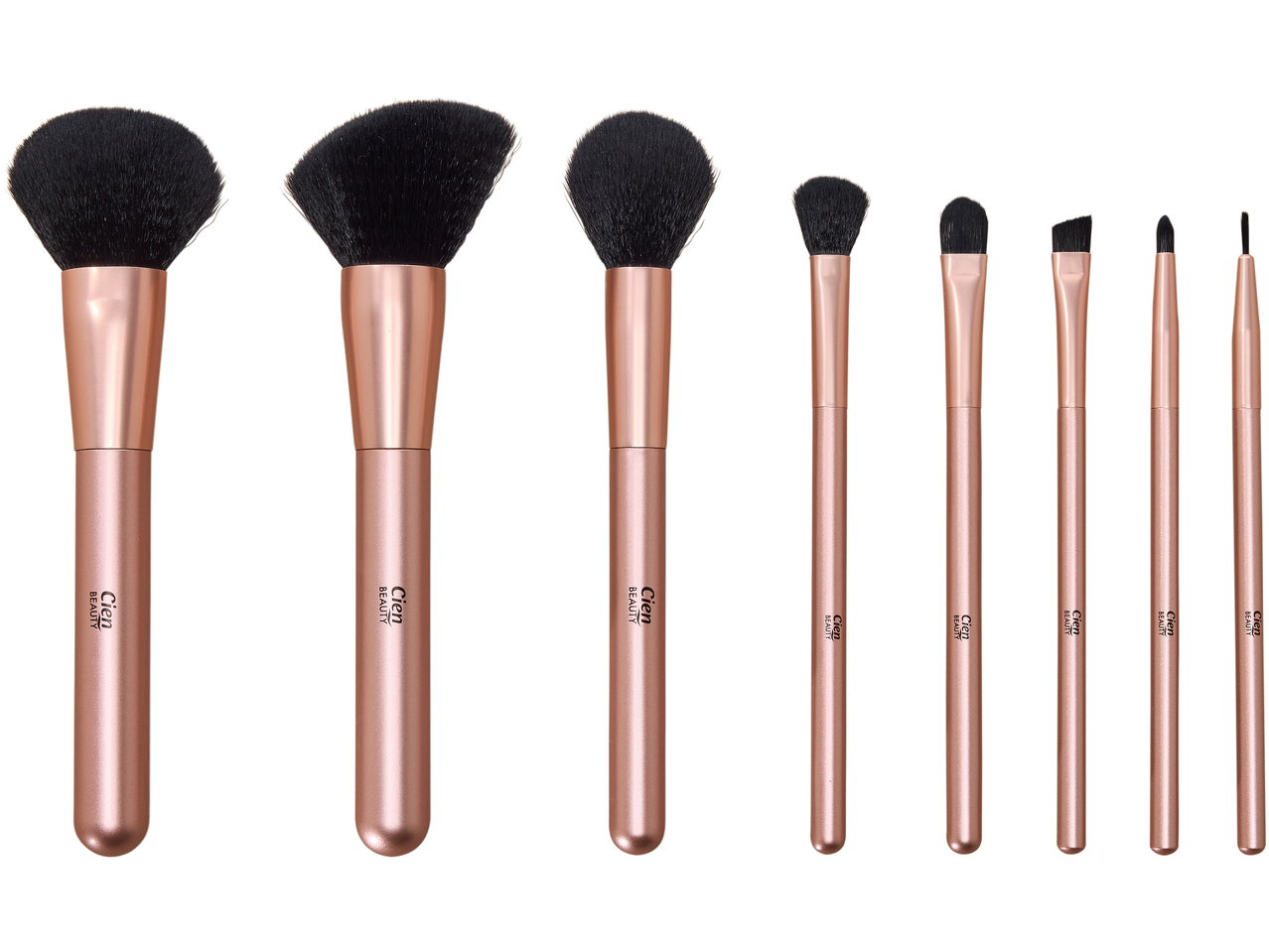 Conjunto de pincéis de maquilhagem Cien Beauty com cabos em ouro rosa, incluindo pincéis para rosto e olhos.