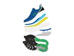 Exploded view of a blue running shoe showing its various layers and components.