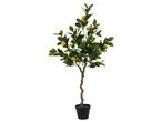 Artificial lemon tree with green leaves and yellow lemons in a black pot