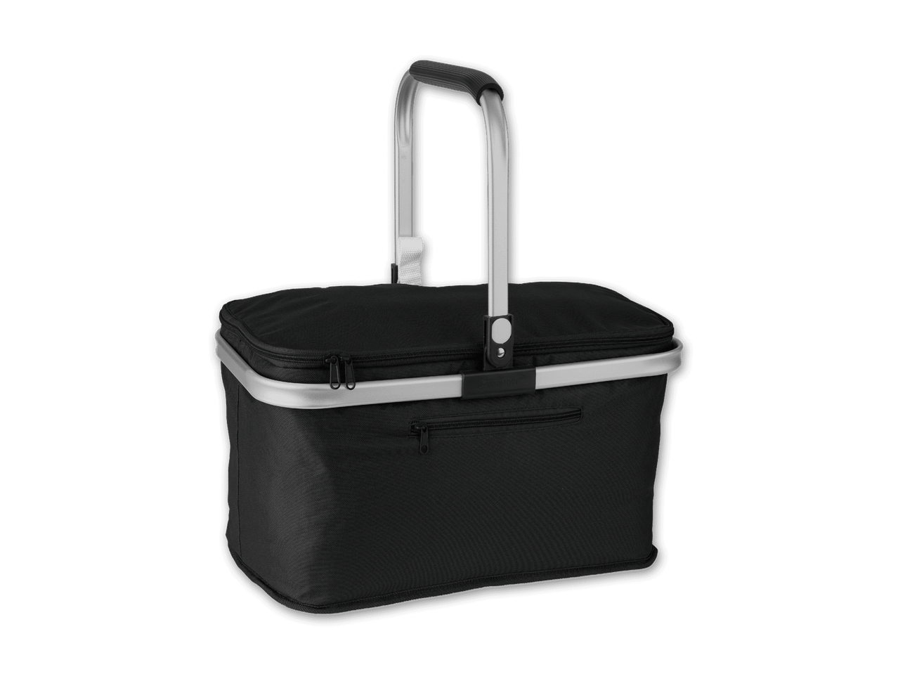 Schwarze Kühltasche mit Tragegriff.