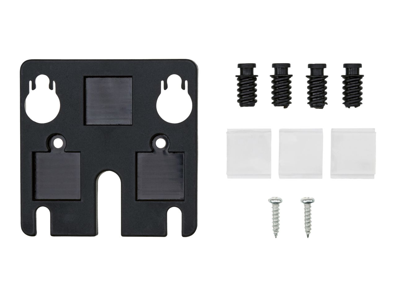 Black wall mount with screws, wall plugs, and adhesive pads for installation.