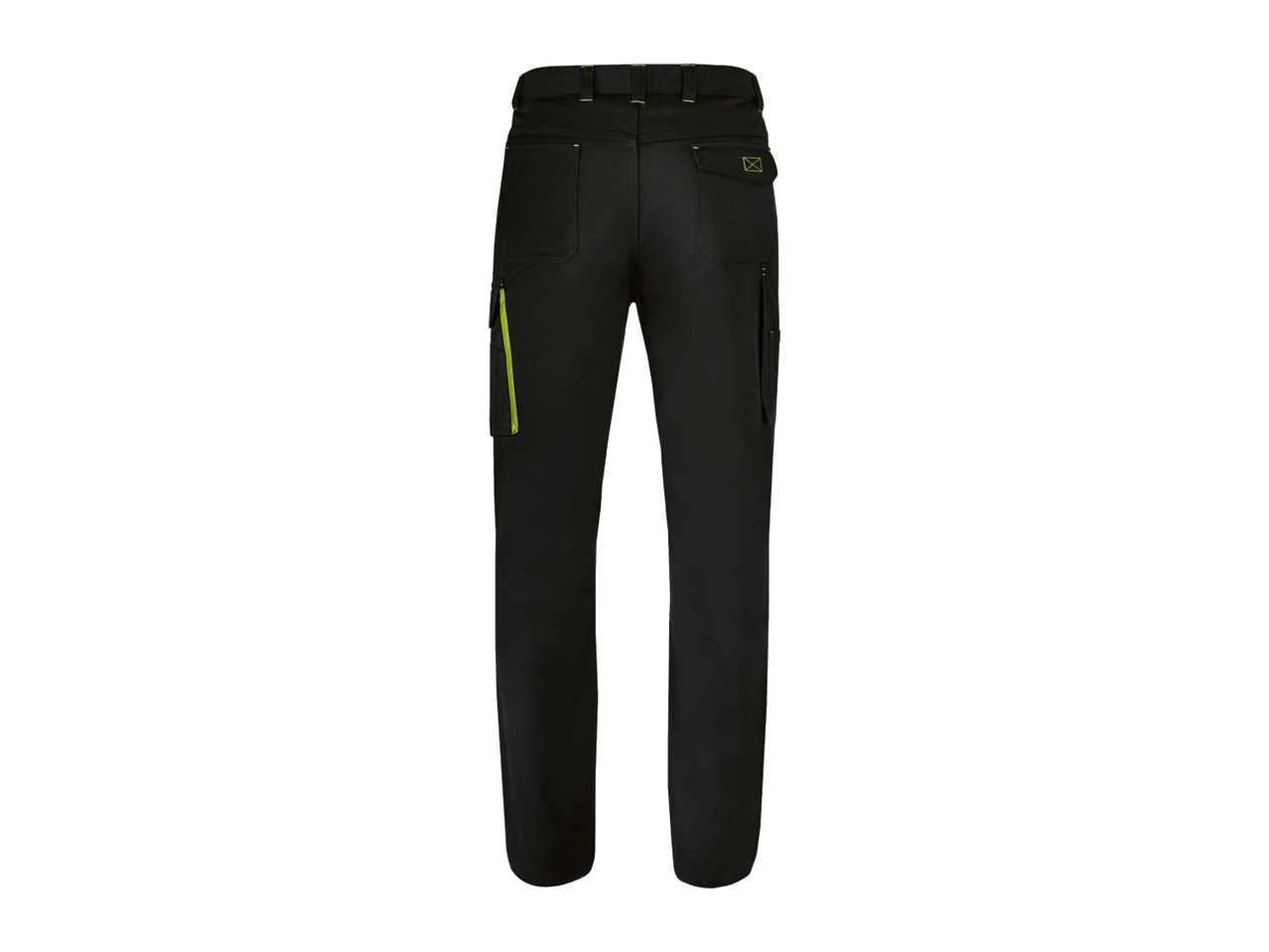 Black work trousers with neon green accents and multiple pockets.