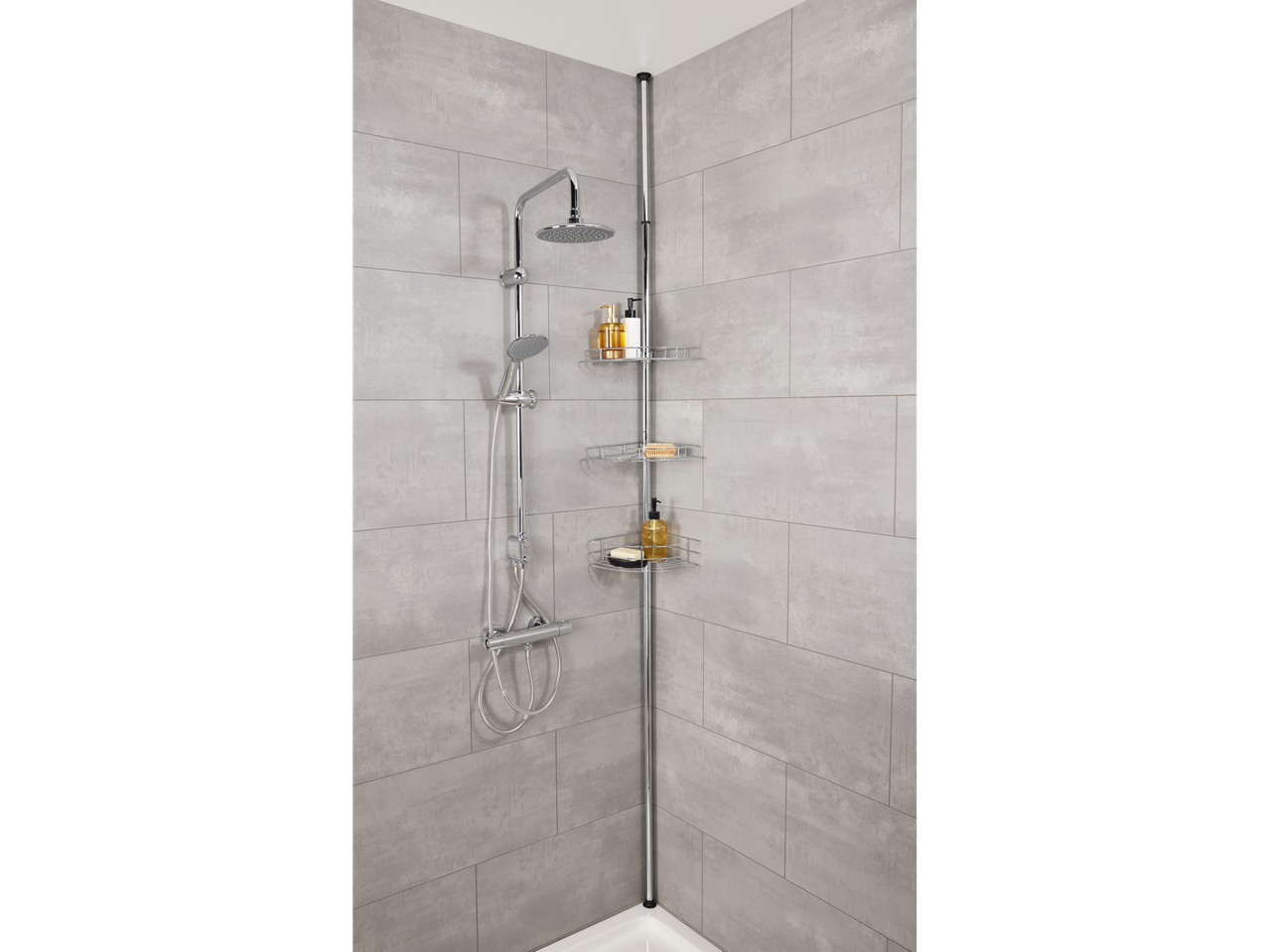 Organiseur de douche d'angle avec trois étagères et système de douche.