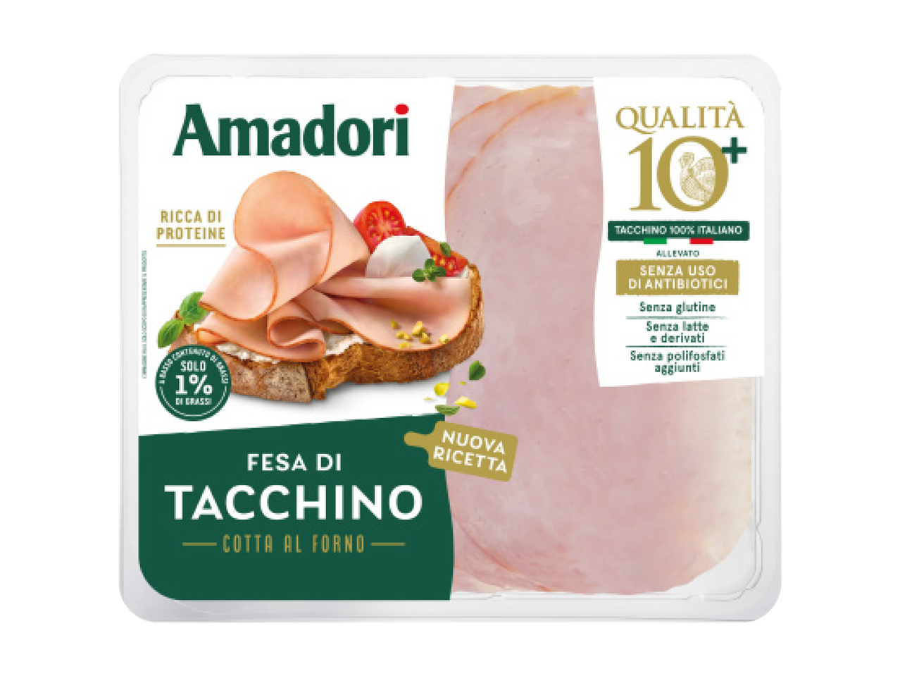 Pakovanje narezane ćureće šunke sa natpisima „Bogato proteinima“, „Samo 1% masti“, „Kvalitet 10+“ i „Bez antibiotika“.