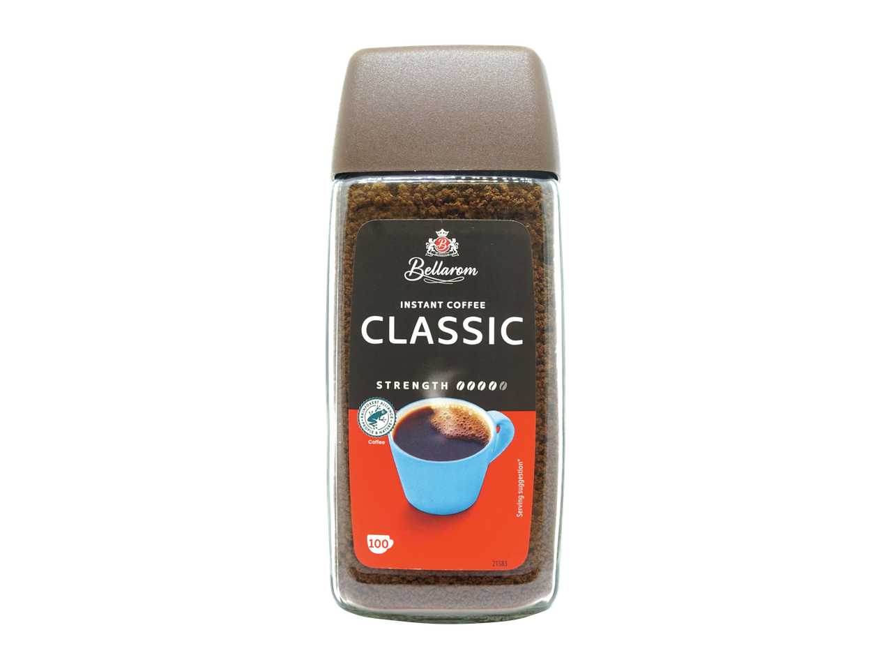 Cafea instant Bellarom Classic într-un borcan de sticlă cu capac maro.