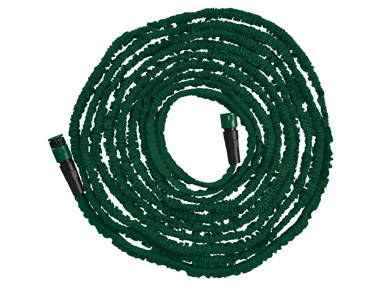 Furtun de grădină flexibil verde PARKSIDE înfășurat cu conectori.