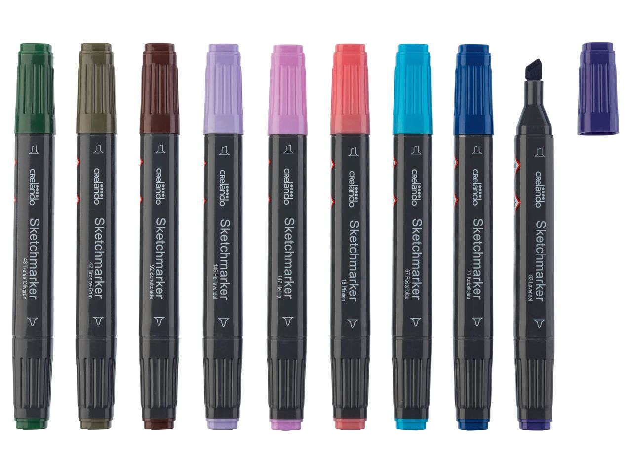 A set of nine Crelado Sketchmarkers in various colors, including green, brown, purple, pink, and blue.