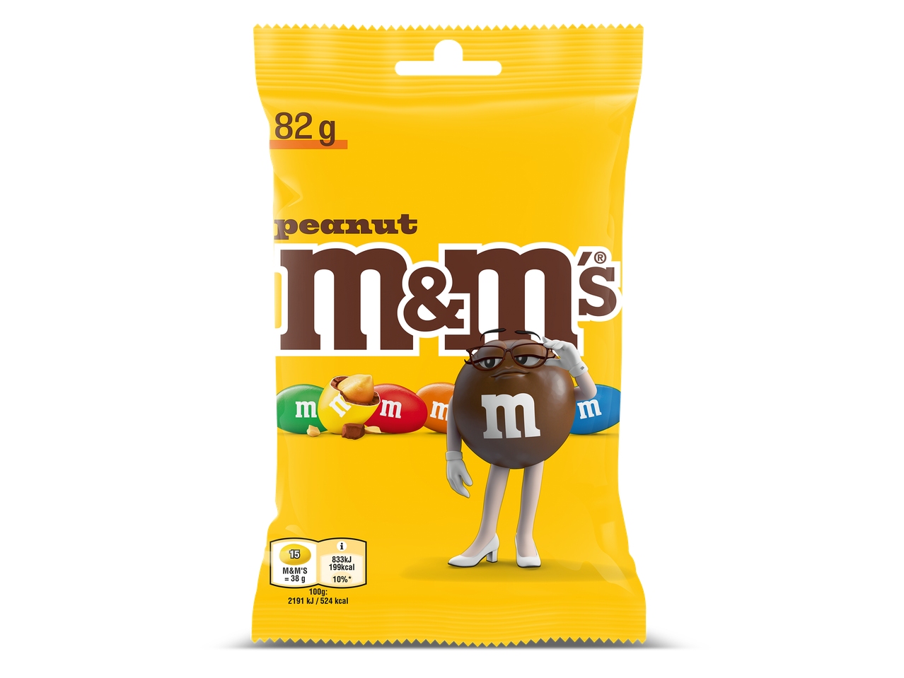 Gele verpakking met chocoladesnoepjes met pinda's, inclusief een personage met bril.