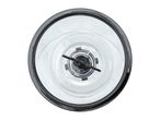 Top-down view of a clear blender jar with a black blade assembly inside.