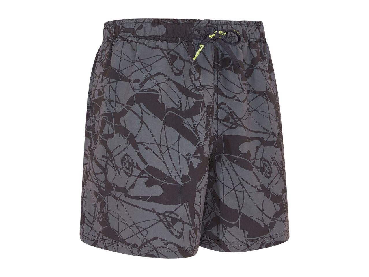 Men's grey swim shorts with a dark abstract pattern and a neon yellow drawstring.