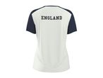 Back of a white and navy short-sleeved sports top with 'ENGLAND' printed across the shoulders.