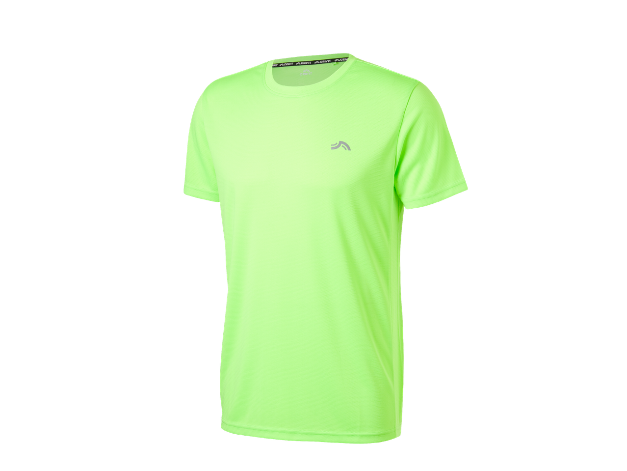 Неоновозелена спортна тениска с къс ръкав и светлоотразително лого на гърдите.