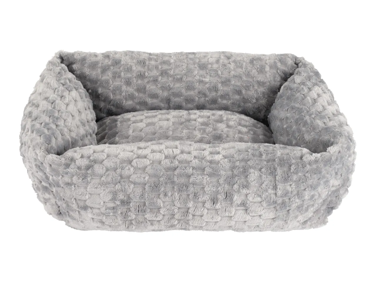 Soft grey pet bed with a textured, plush surface and raised sides for comfort.