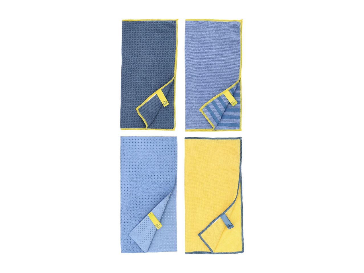 Four microfiber cleaning cloths in blue and yellow, with different textures and patterns.