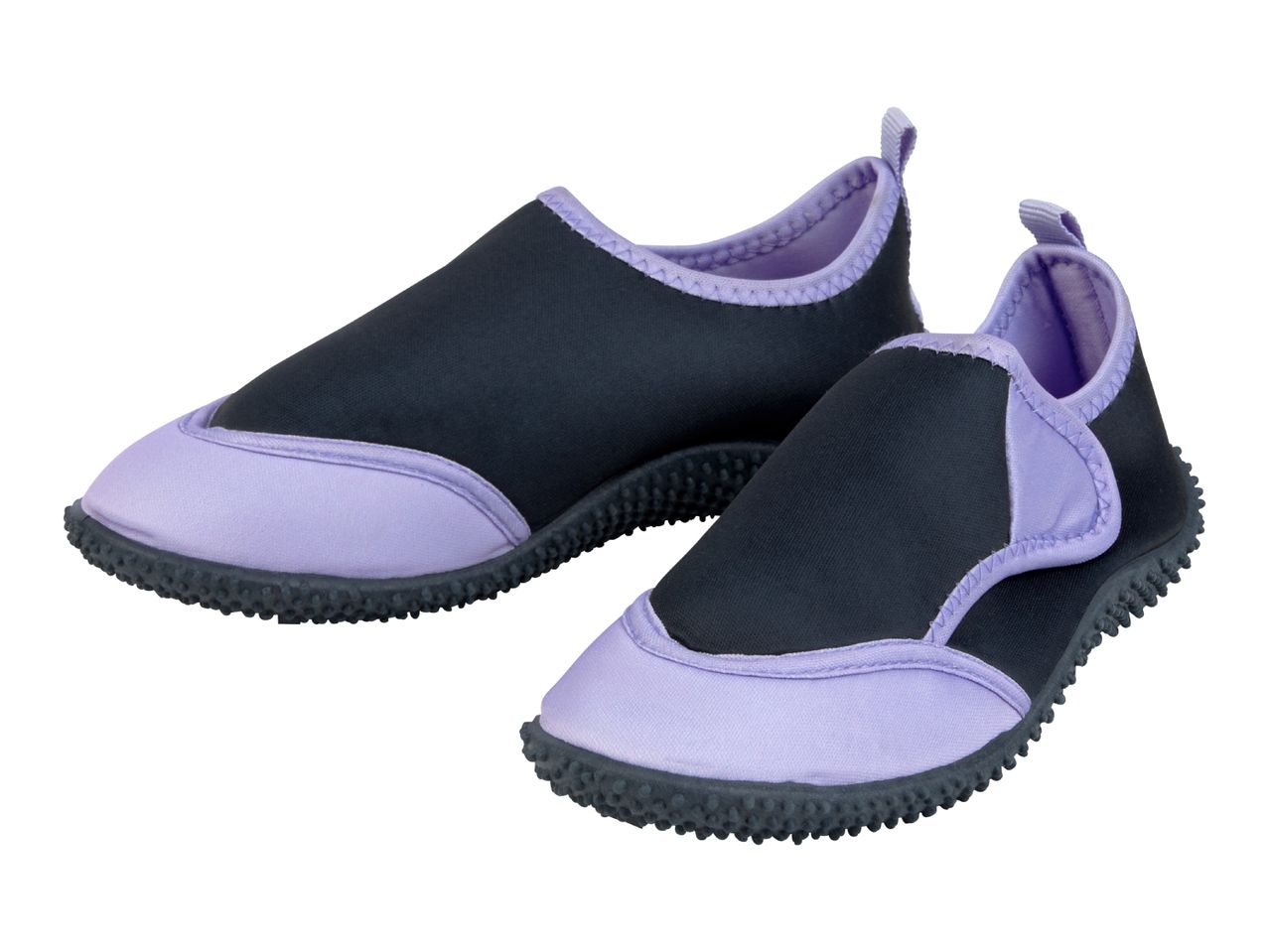 Pair of black and purple water shoes with textured soles, angled on a white background.