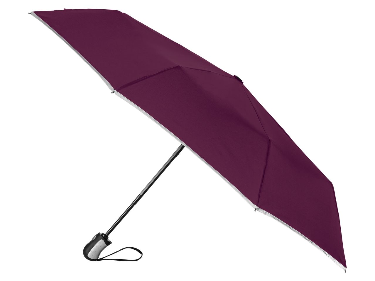 A closed, dark purple umbrella with a silver lining and a black and grey handle.