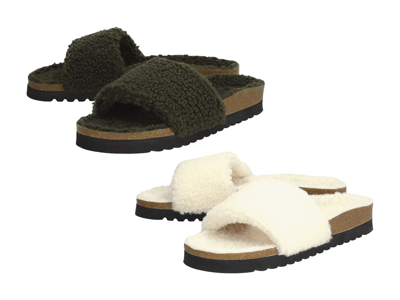 To par fluffy sandaler, et par i mørkegrøn og et par i cremefarvet, med korksåler.