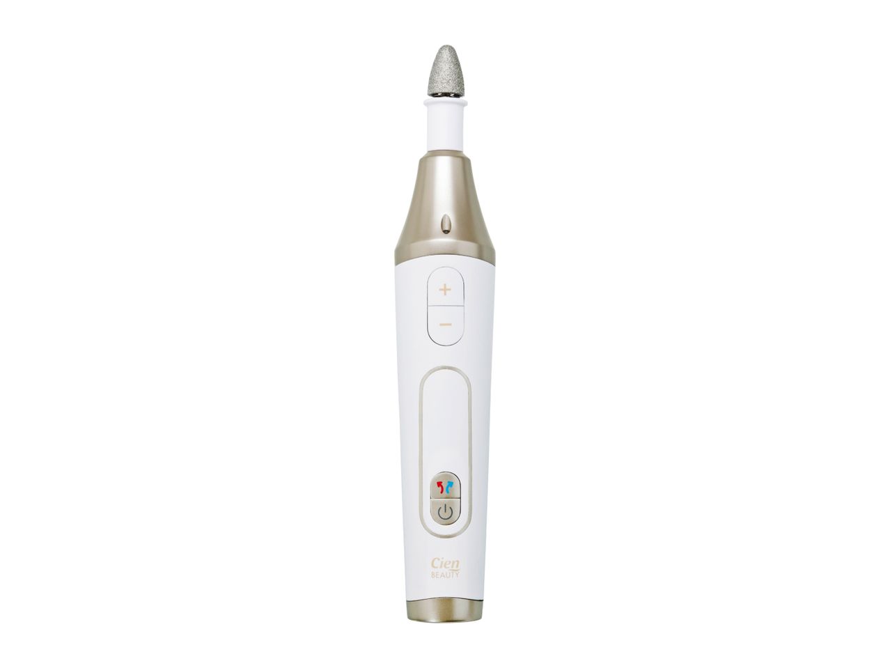 White and gold electric nail file with various settings and a conical grinding head.