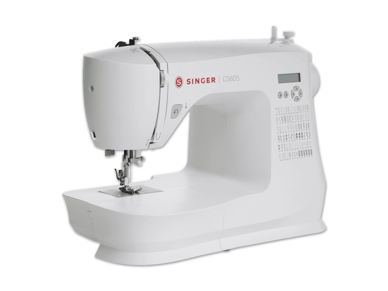 Weiße SINGER C5605 Nähmaschine mit digitalem Display und Stichmustern.