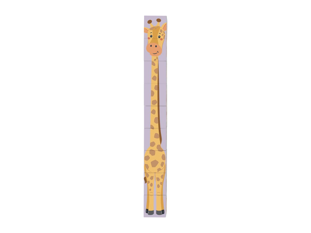 A tall, cartoon giraffe made of stacked blocks, with a light purple background.