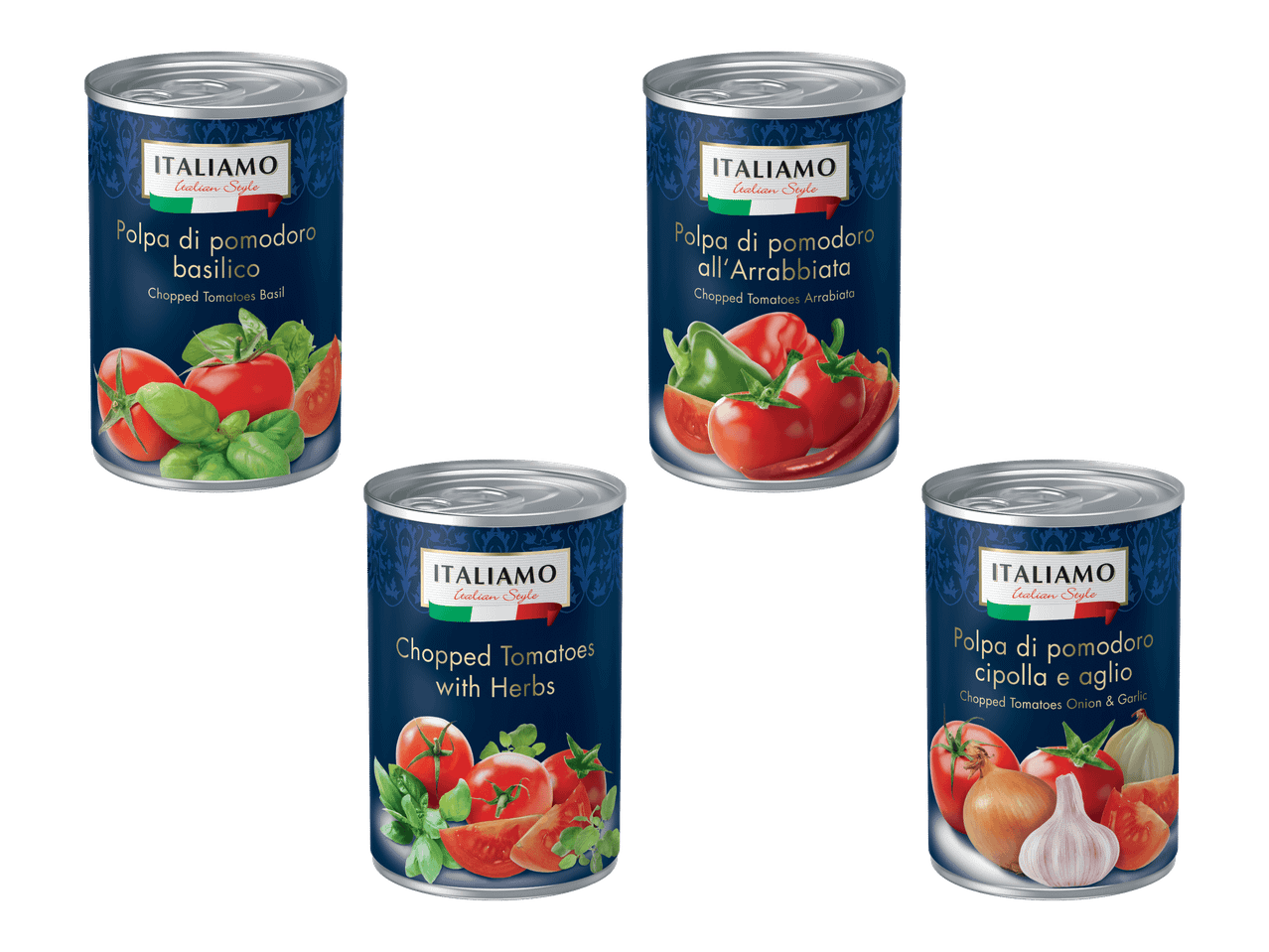 Neljä tölkkiä Italiamo-tomaattimurskaa eri mauissa: basilika, arrabbiata, yrtit, sipuli ja valkosipuli.