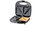 Sandwich maker negru deschis, arătând pâine prăjită.
