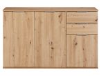 Credenza in legno chiaro con tre ante e due cassetti.