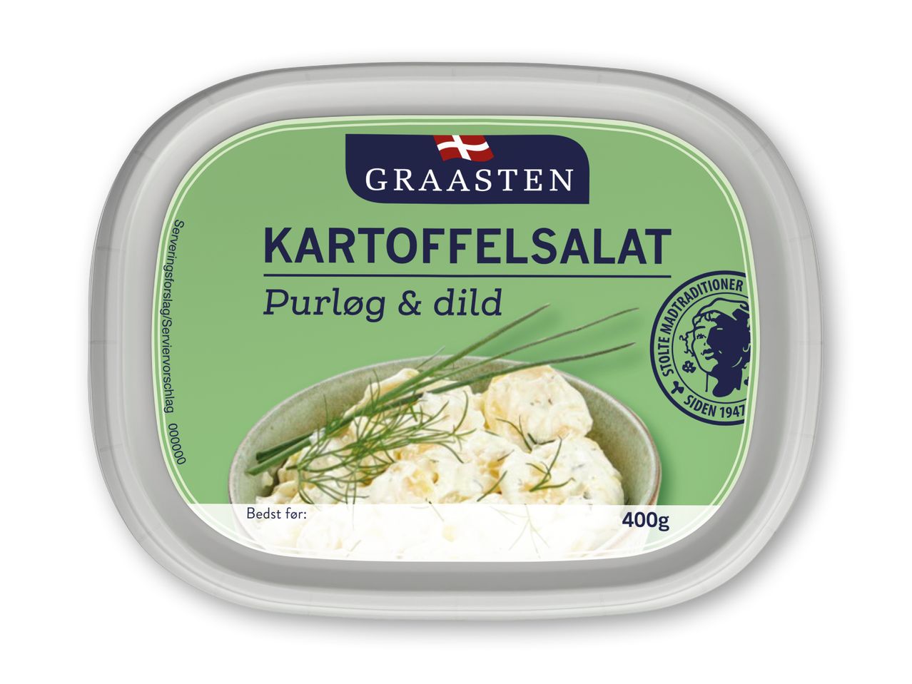 Kartoffelsalat med purløg og dild i en 400g beholder.